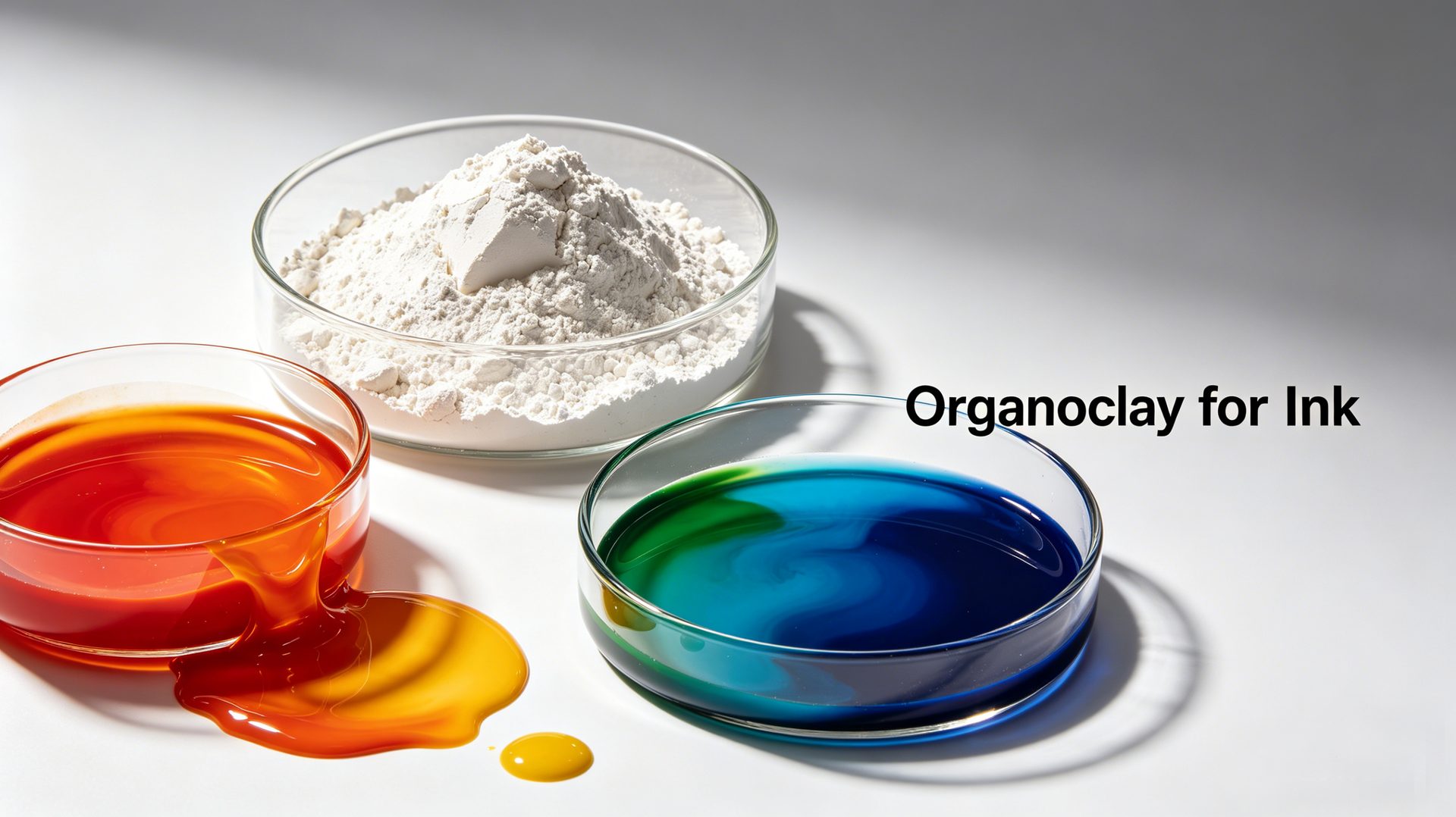 Organoclay anti-settling agent for printing ink — organophilic clay powder with offset, gravure and screen printing ink samples
