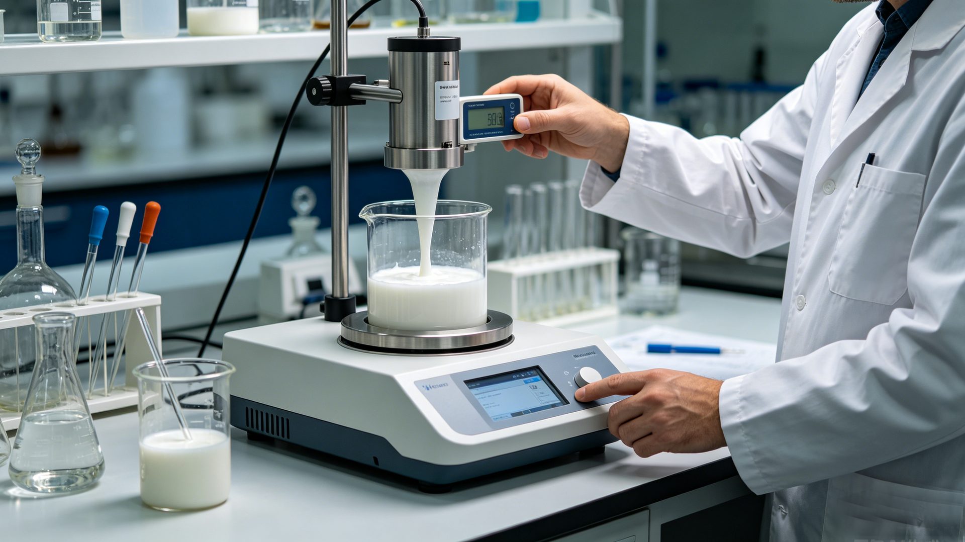 Organoclay rheology testing — scientist measuring viscosity and gel strength of organophilic clay dispersion