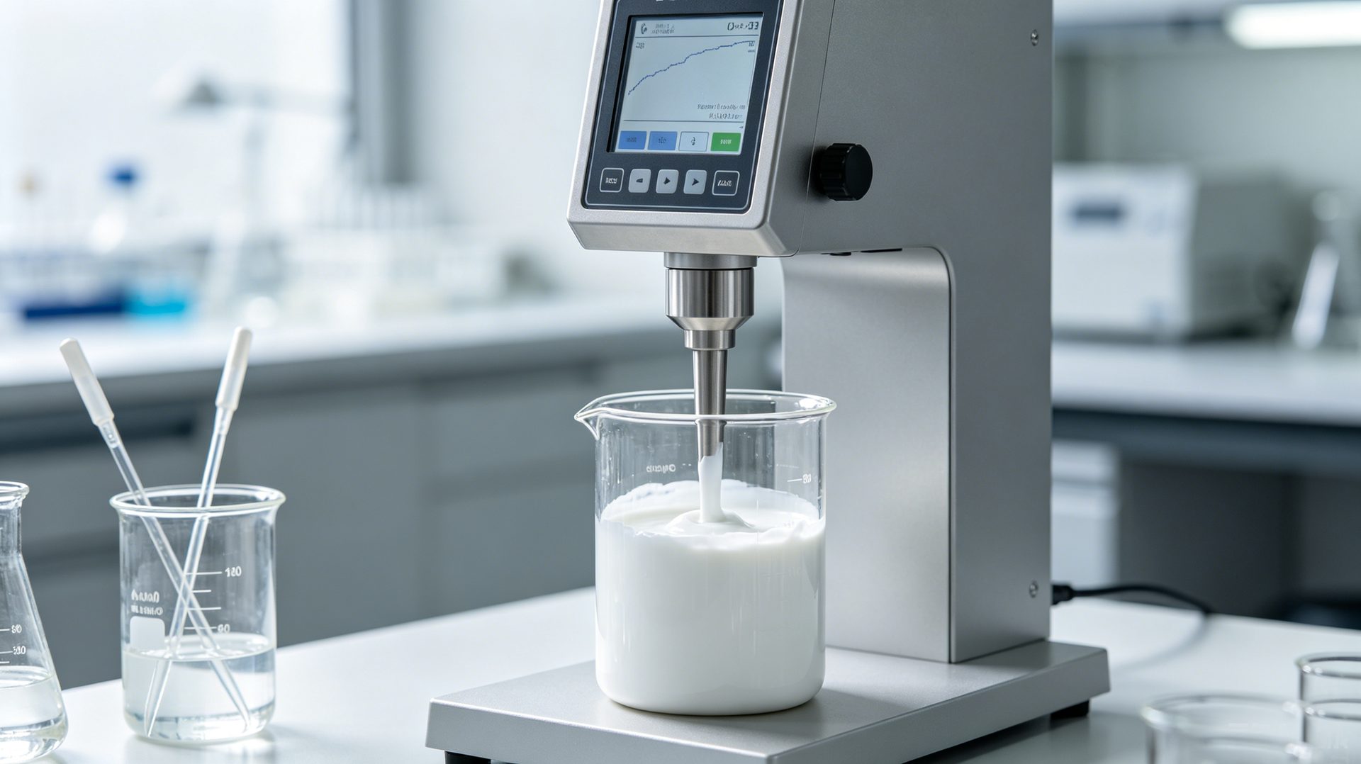 Rheology modifier testing — viscometer measuring flow properties of organoclay-thickened industrial fluid