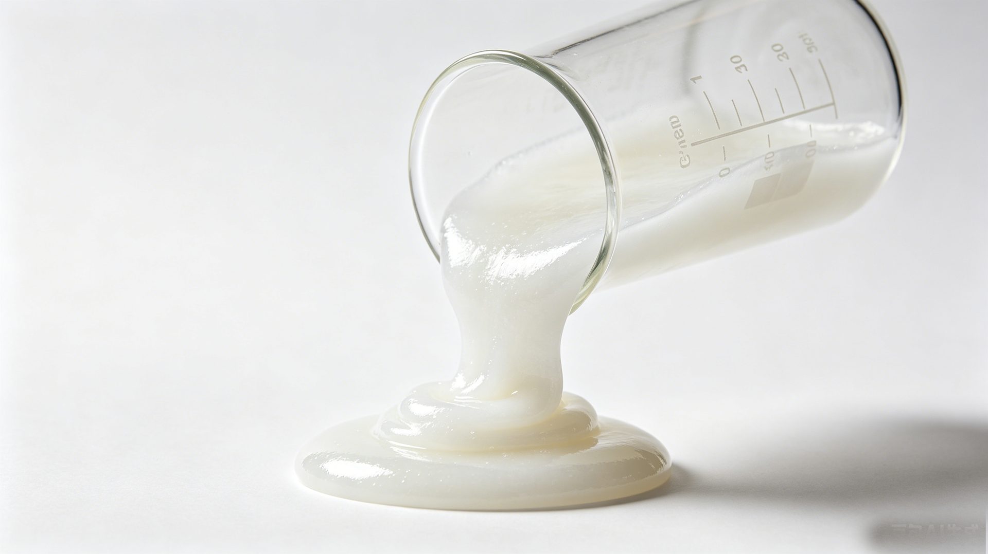 Thixotropic behavior of organoclay gel — viscous white fluid flowing from tilted beaker demonstrating thixotropy