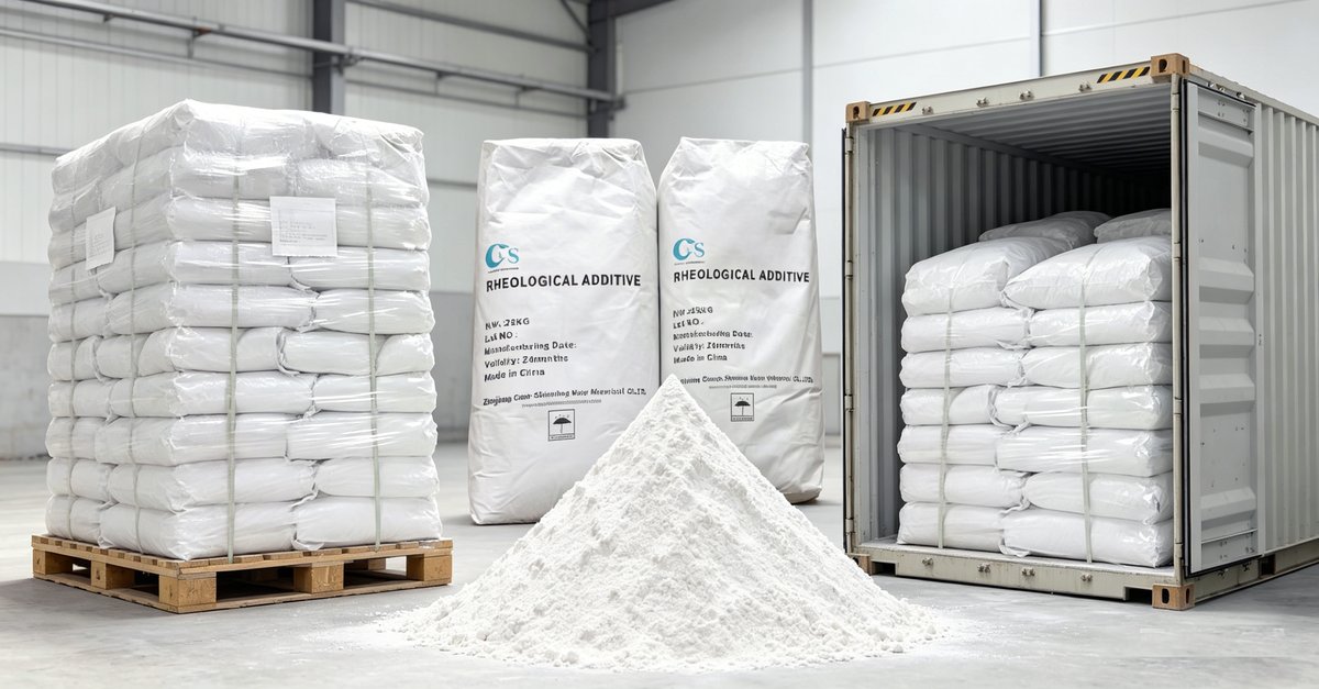 CP Organoclay — 25kg bags, organophilic clay powder, and export container ready for shipping