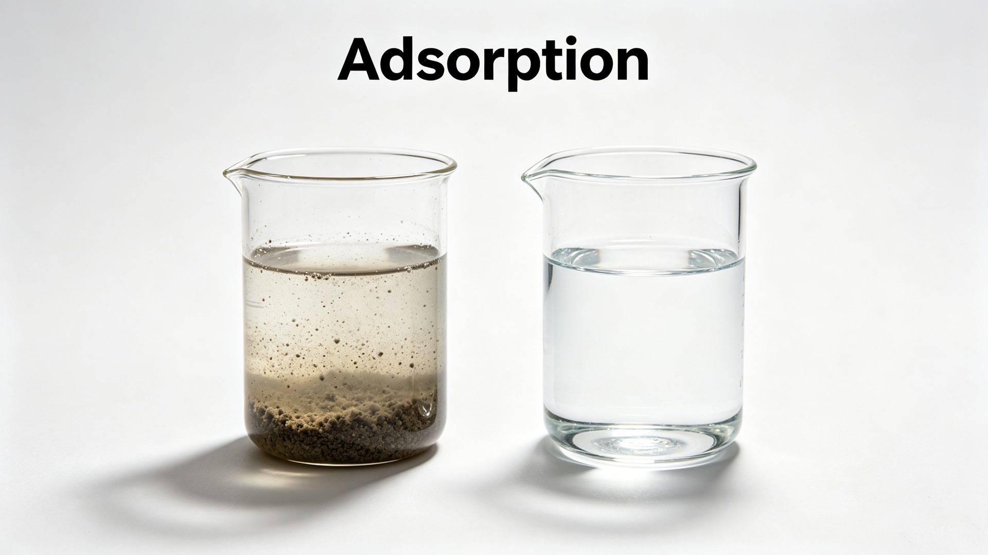 Organoclay adsorption for water treatment — before and after comparison showing contaminated vs purified water