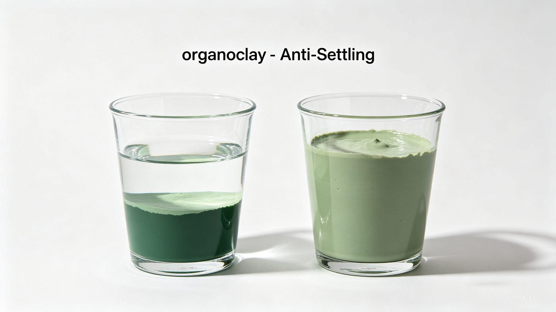 Organoclay anti-settling agent — comparison showing pigment settling without additive vs stable suspension with organoclay