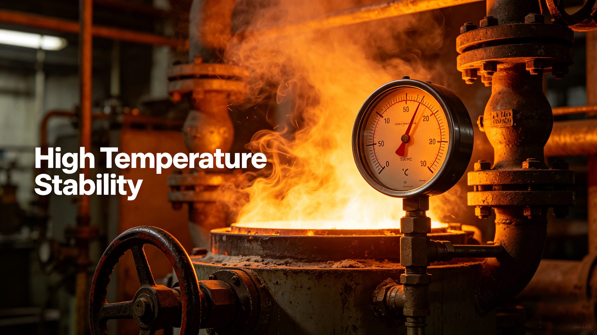 Organoclay high temperature stability — industrial furnace with temperature gauge showing extreme heat conditions